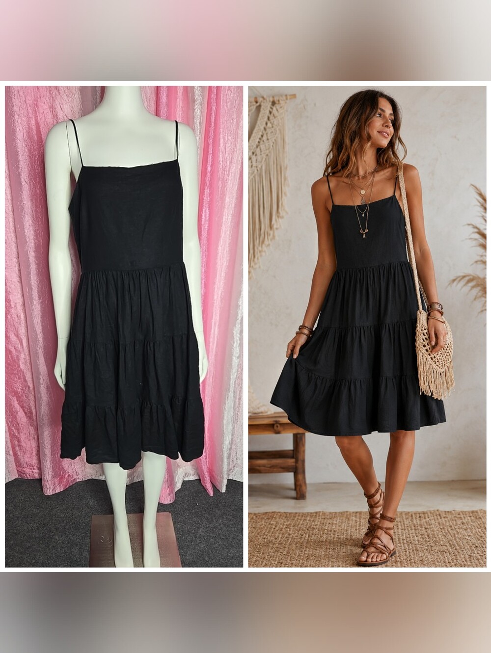 Banana Republic Black Boho Linen Blend Smocked Tiered Sun Dress Size Medium